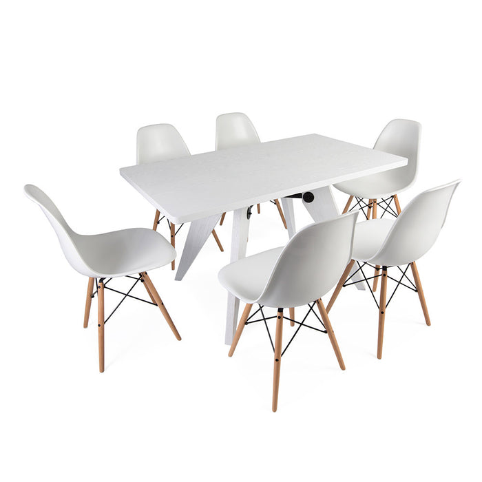 Set - White Rectangular Prouve Table & 6 DSW Chairs