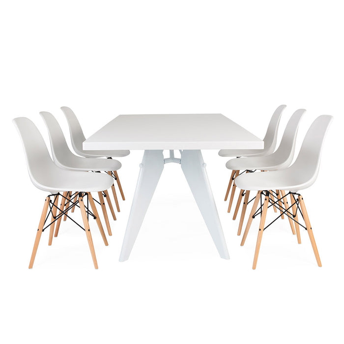 Set - White Large Prouve Table & 6 DSW Chairs