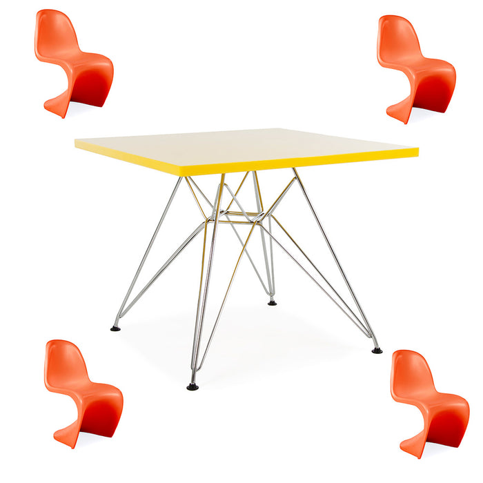 XS - Eames Kids Square Yellow Table & 4 Orange Kids Panton Chairs - RRP £149.99