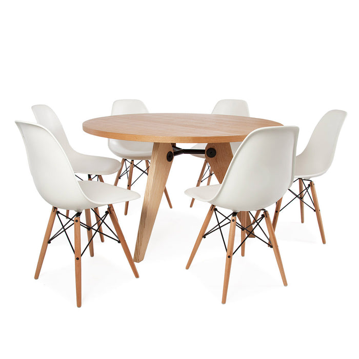 Set - Light Circular Prouve Table & 6 DSW Chairs